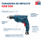 Furadeira de Impacto Vel. Variável e reversível 1/2" 550W BOSCH GSB 550 RE